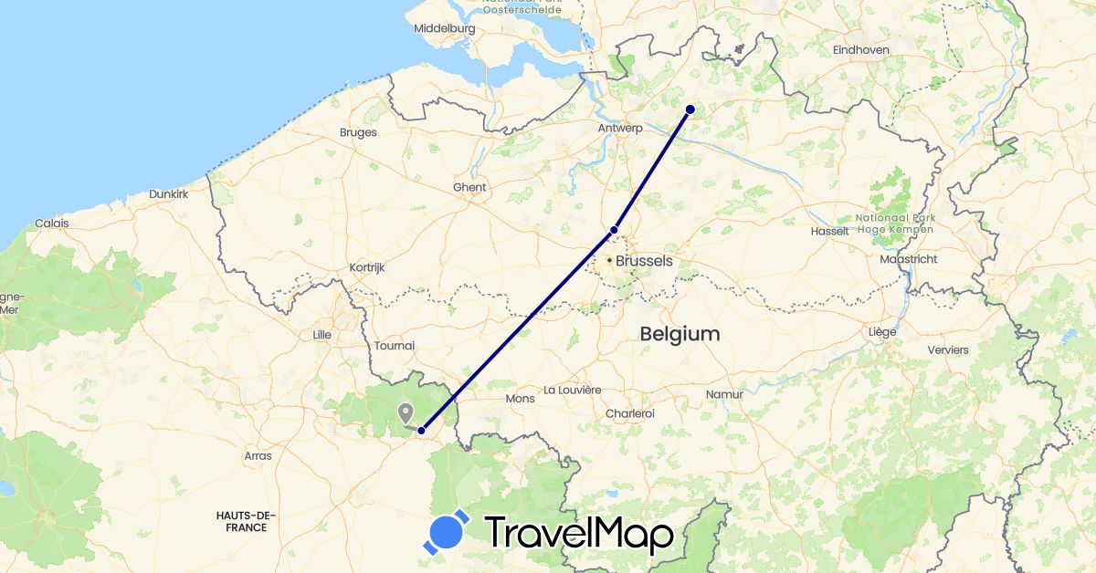 TravelMap itinerary: driving, plane in Belgium, France (Europe)